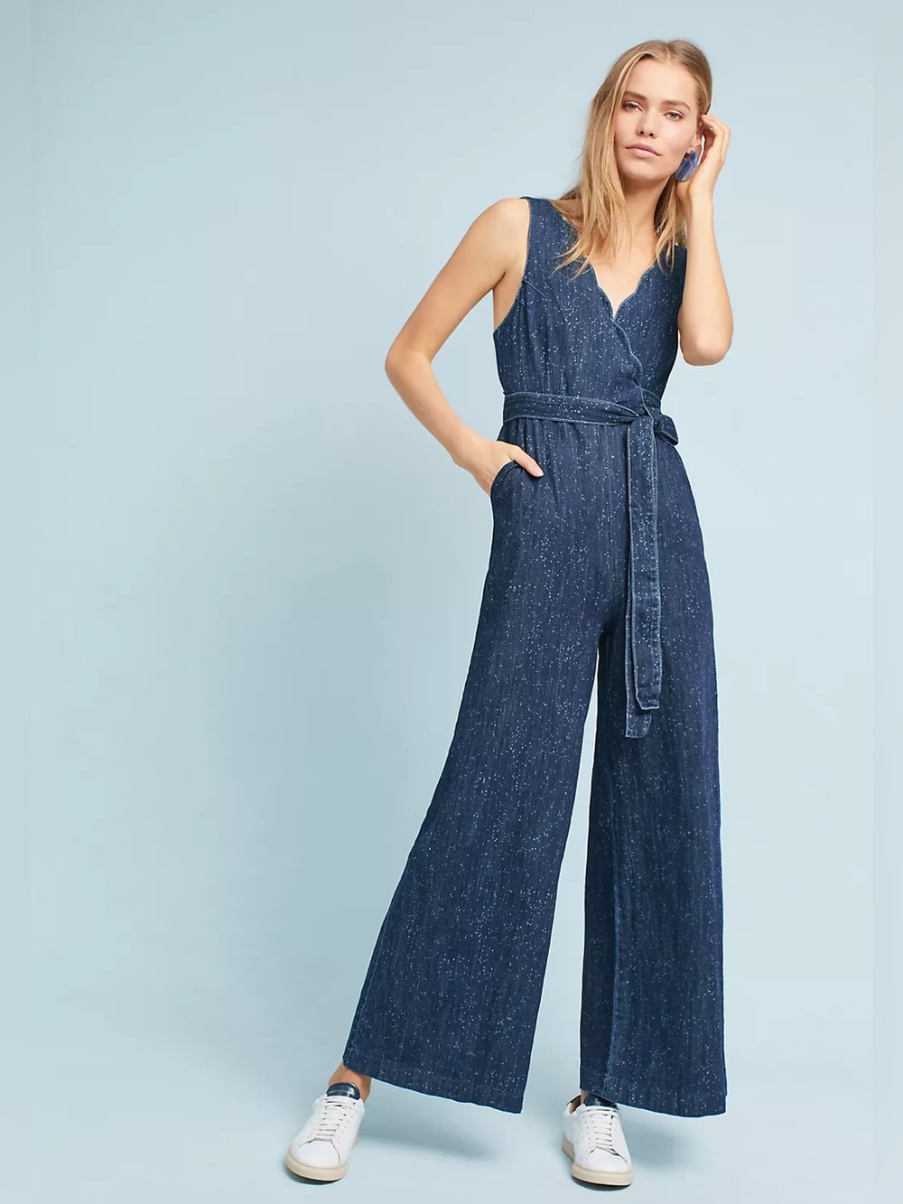 Pilcro And The Letterpress Anthropologie Lydia Scallop Wide-Leg Denim Jumpsuit
